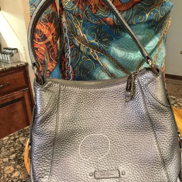 🪩COLE HAAN SILVER LEATHER BAG SATCHEL TOTE - Picture 8 of 11